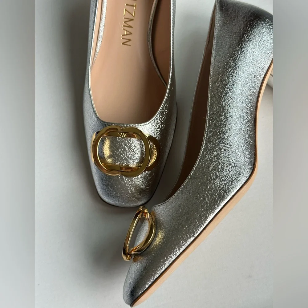 Stuart Weitzman Anicia Metallic Silver Leather Pumps Gold Logo Size 7.5 - Picture 10 of 16